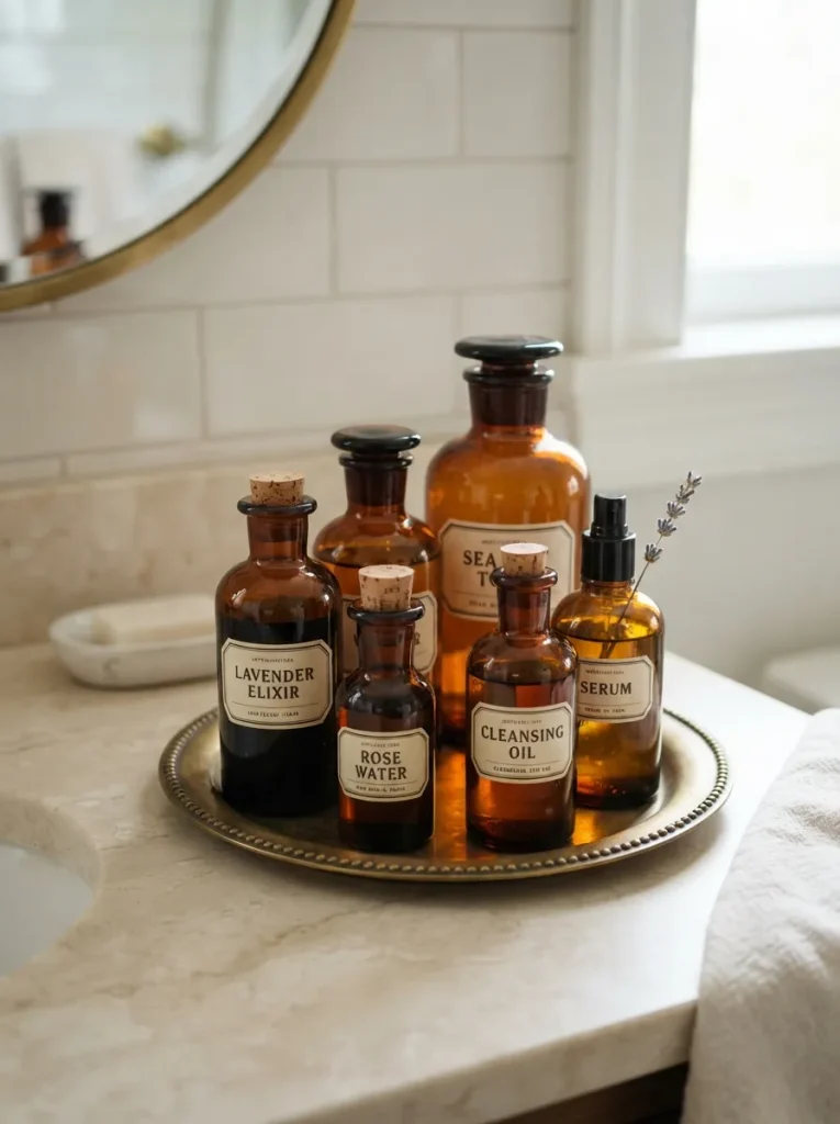 Amber Apothecary Bottles Lined Along the Counter