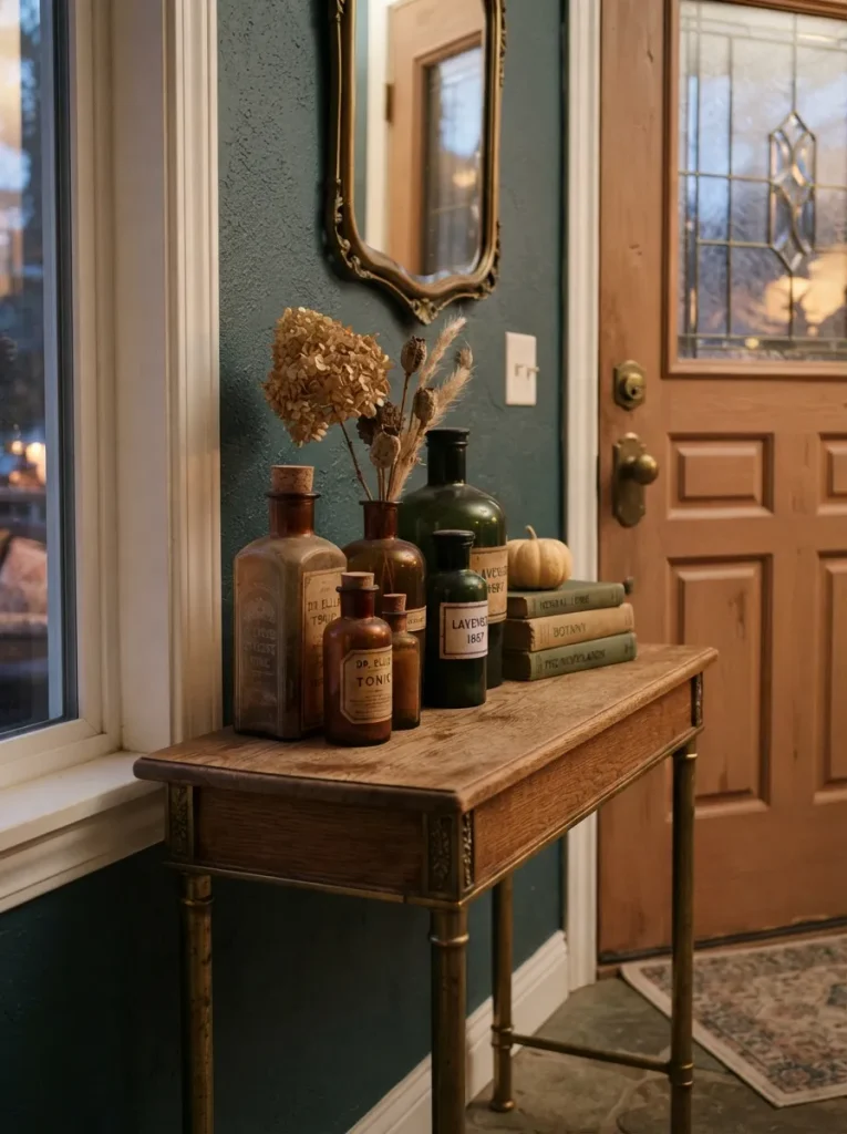 A Vintage Apothecary Bottle Display on a Slim Console