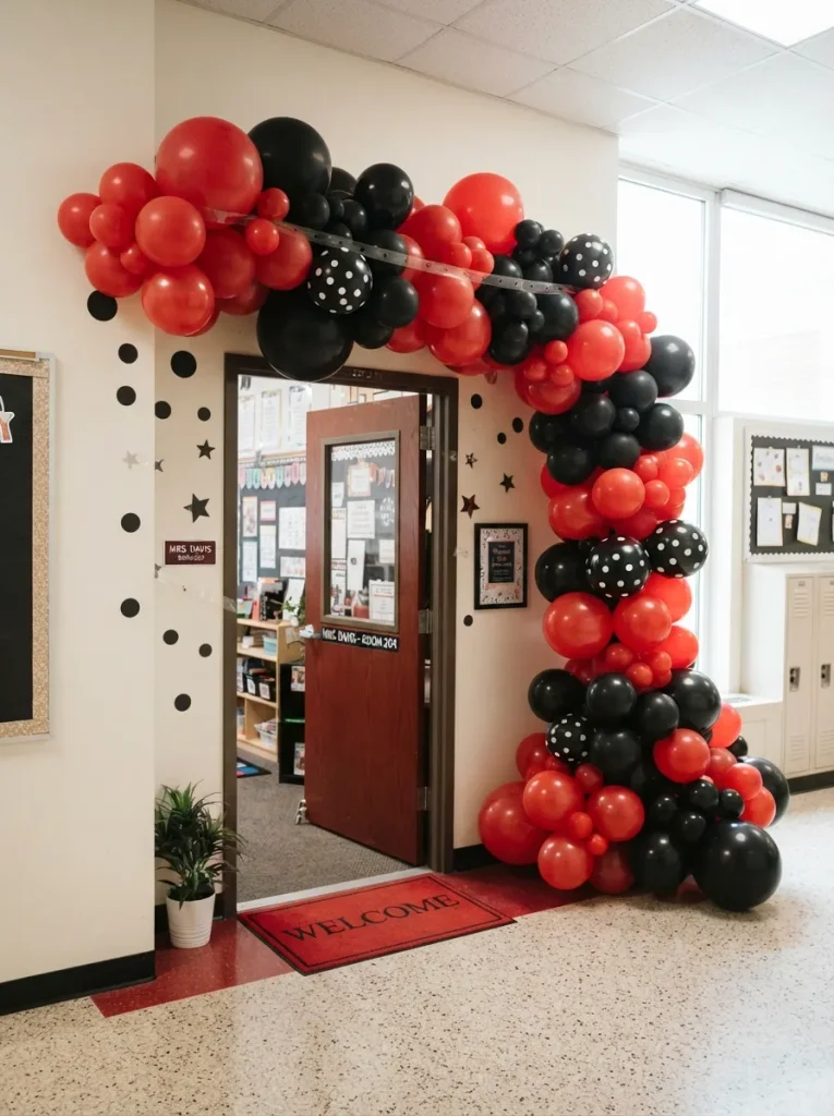 A Red-and-Black Balloon Arch at the Door