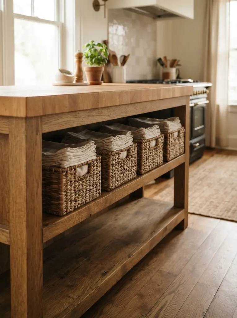Open Shelving Below, Styled with Woven Baskets