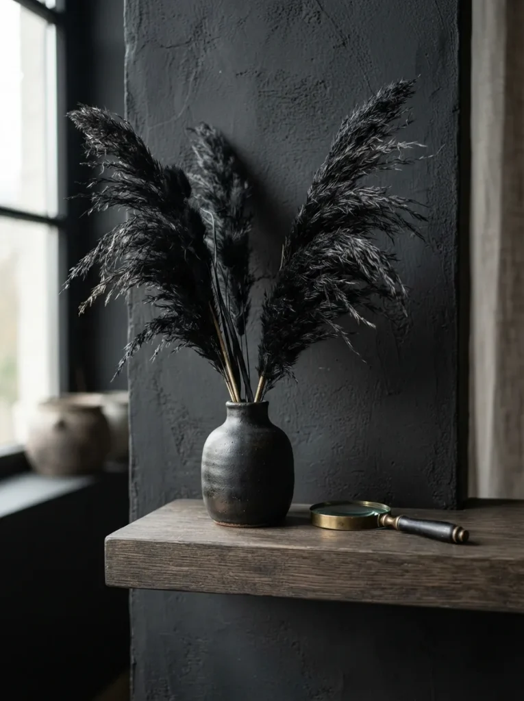 Dried Black Botanicals in a Small Dark Vase
