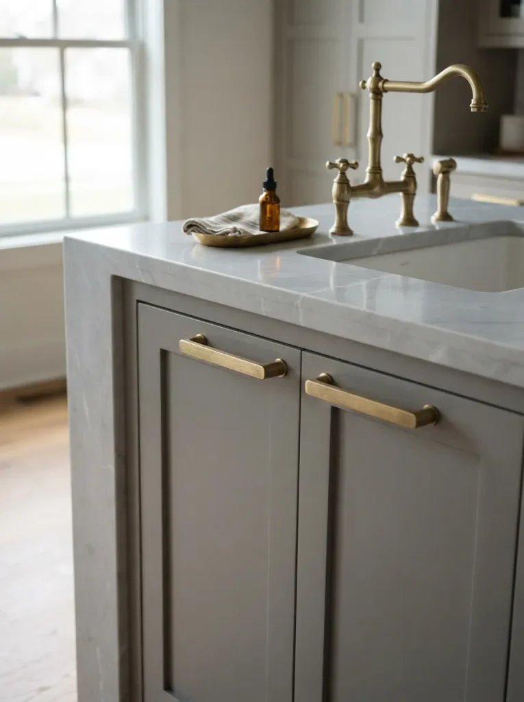 Brushed Brass Hardware Against Cool-Toned Quartz