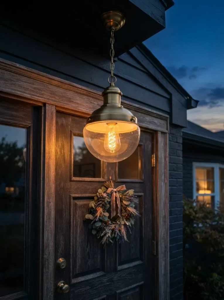 A Brass Hanging Fixture With Amber Filament Light