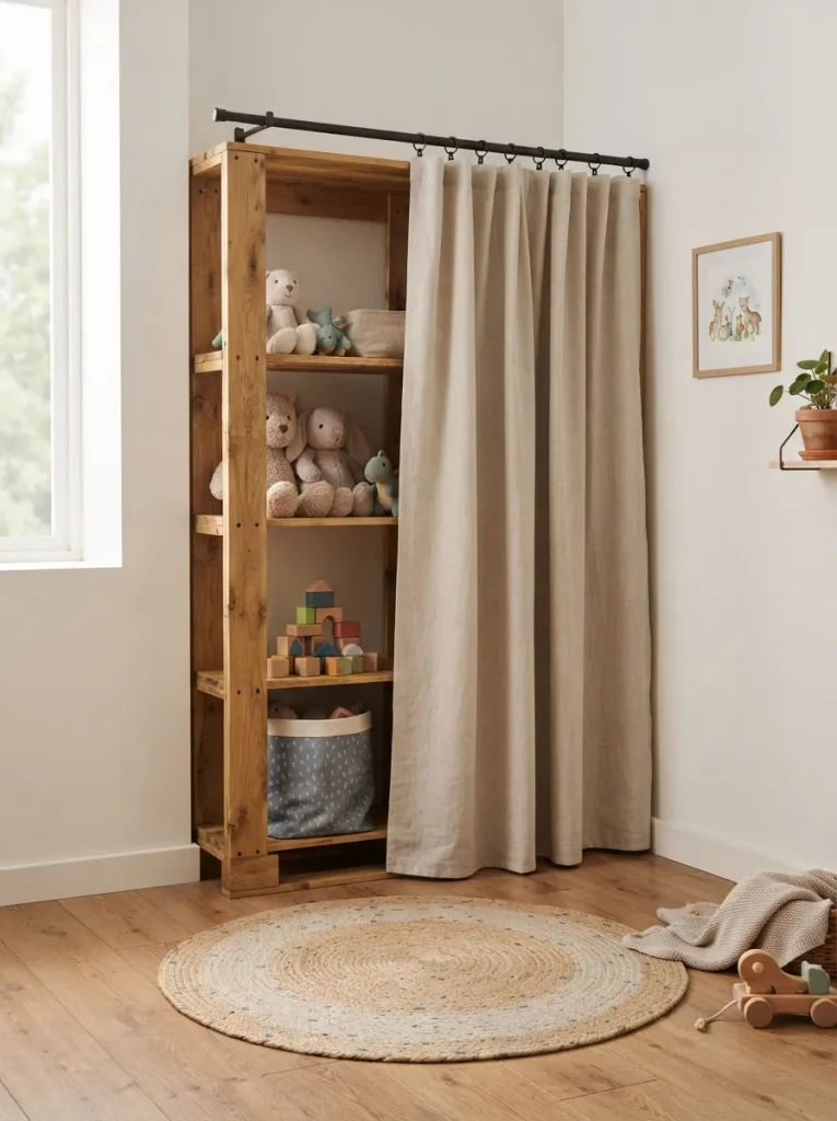 A Linen Curtain Hung Across a Pallet Shelving Unit