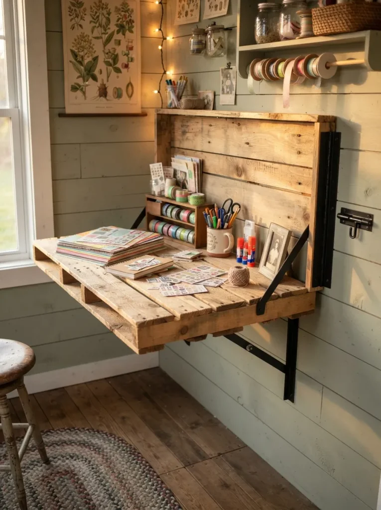 A Fold-Down Pallet Desk That Frees the Floor When You're Done