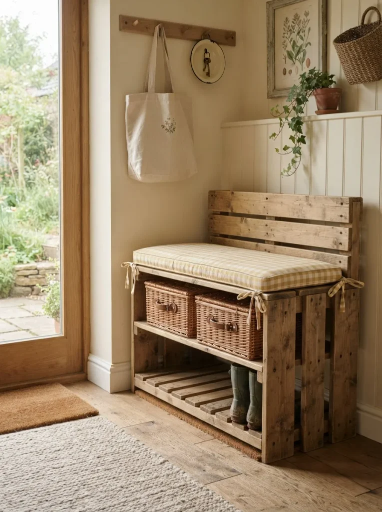 An Entryway Bench with Basket Storage Underneath