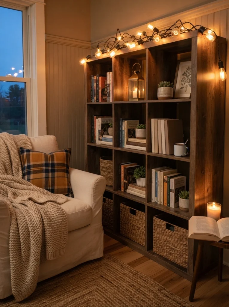 Warm String Lighting Tucked Into the Top Row