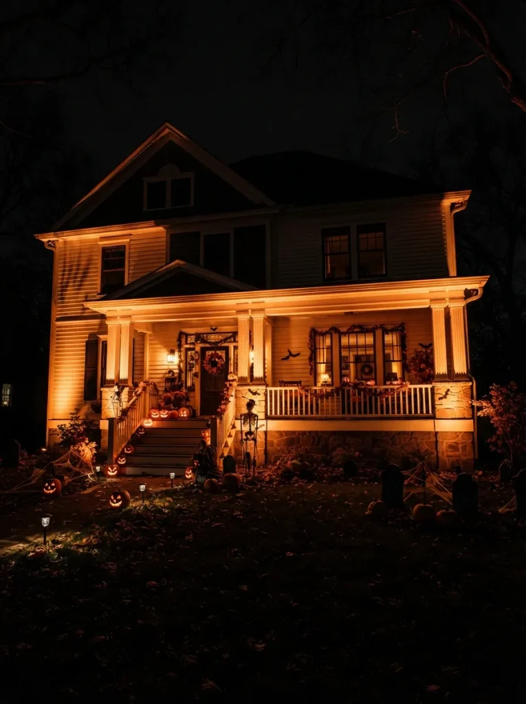 A Black-and-Orange Uplighting Wash Across the Whole Facade