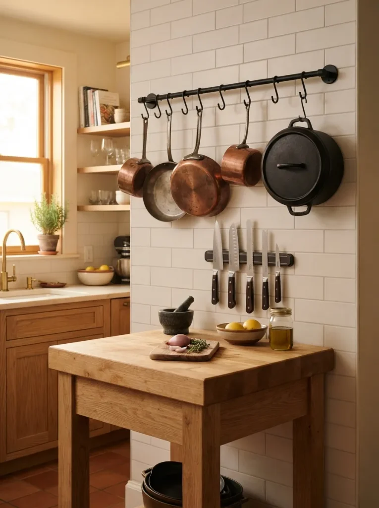 A Wall-Mounted Pot Rail Above the Island