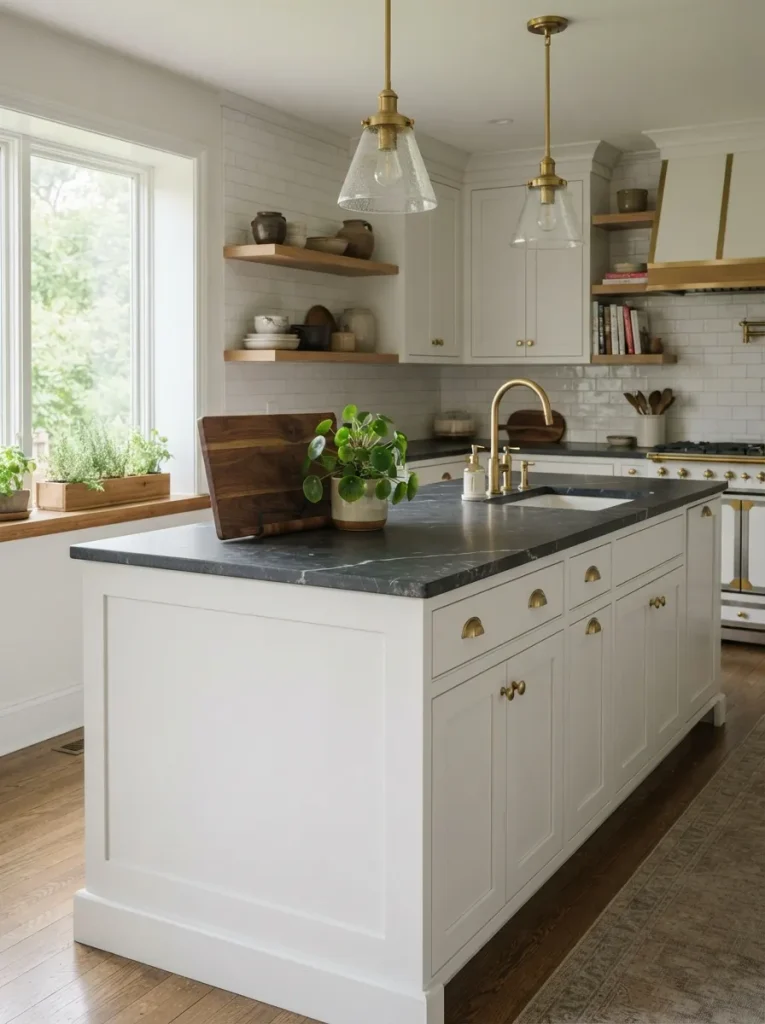 A Bold, Dark Countertop on an Otherwise Pale Island