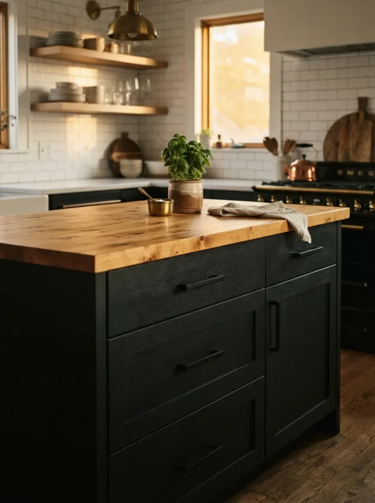 Matte Black Cabinets Against a Honey-Toned Top