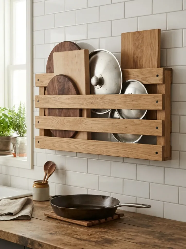 A Pallet-Slat Rack for Pots, Lids, and Cutting Boards