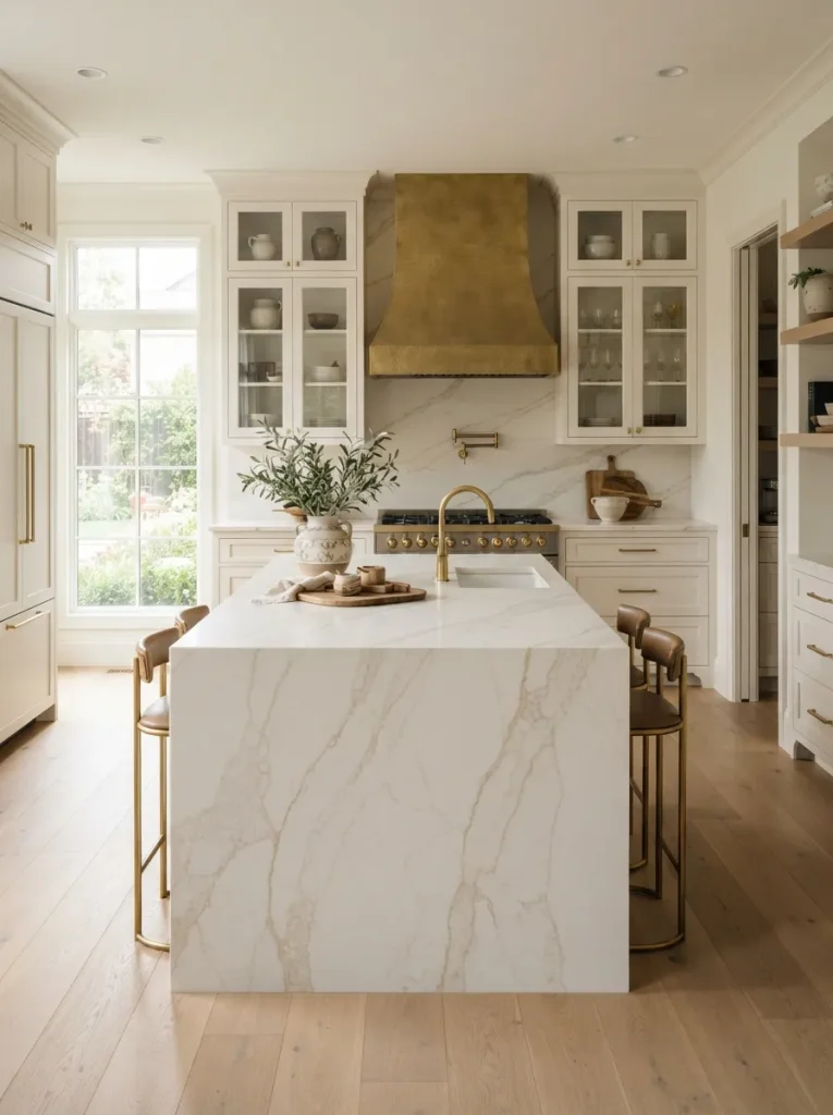 Waterfall Island Paired with a Matching Slab Backsplash