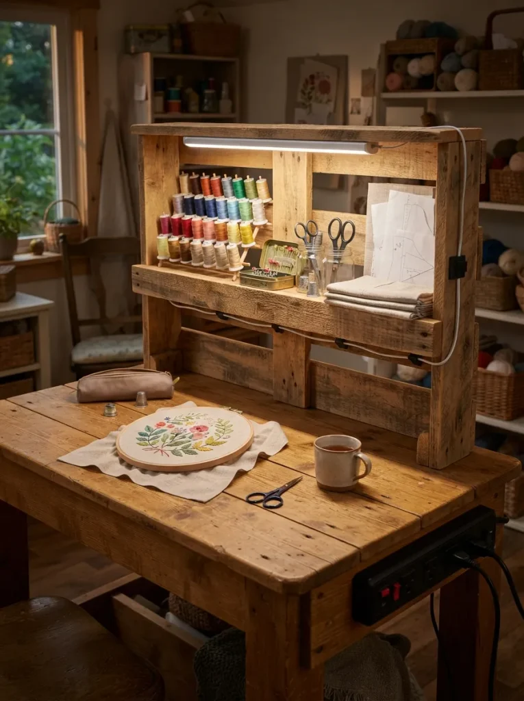 A Pallet Hutch With LED Bars Under the Top Shelf