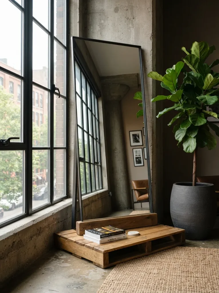 A Leaning Steel-Framed Mirror That Catches Window Light