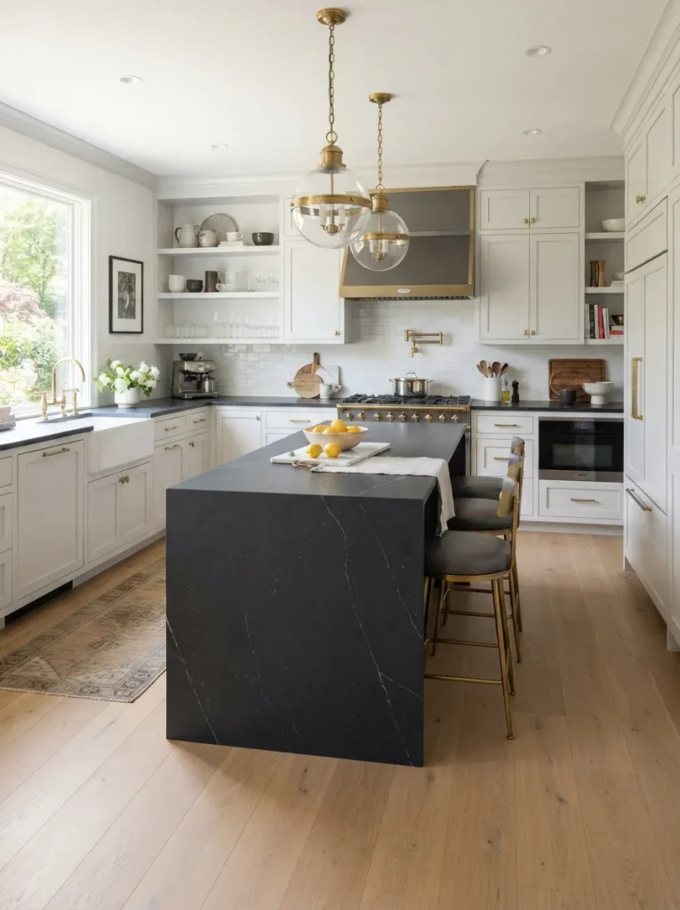 Two-Tone Contrast: Dark Waterfall Against Light Cabinetry