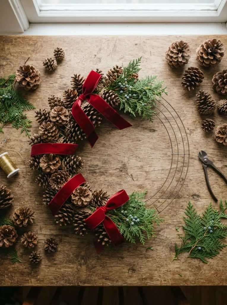A Pinecone and Ribbon Wreath