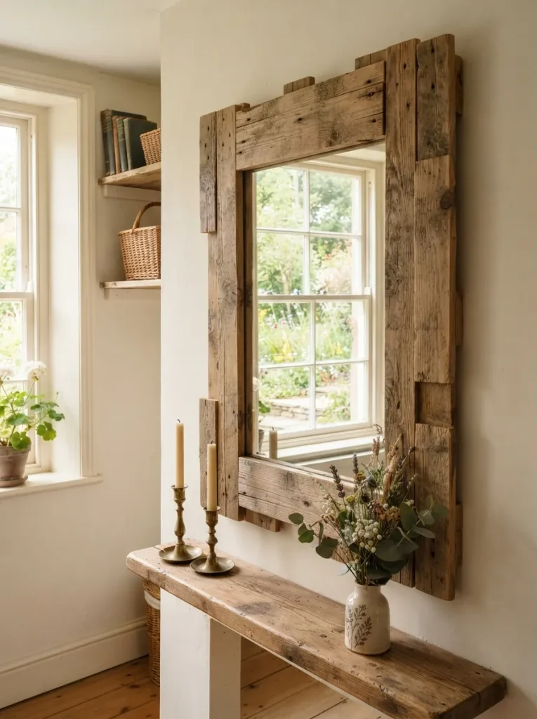 A Mirror Framed in Pallet Slats, Placed Across from the Window