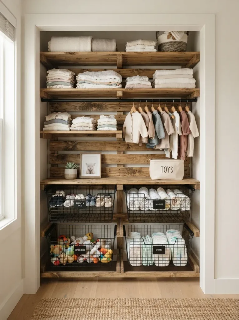 A Pallet-and-Wire-Basket Closet System