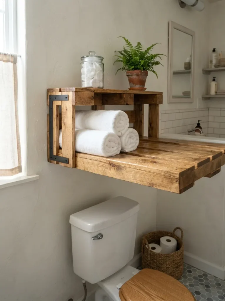 A Moisture-Sealed Pallet-Board Rack Above the Toilet