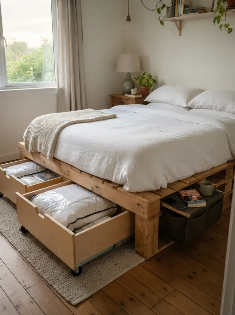 A Pallet Platform Bed With Storage Drawers Slid Underneath