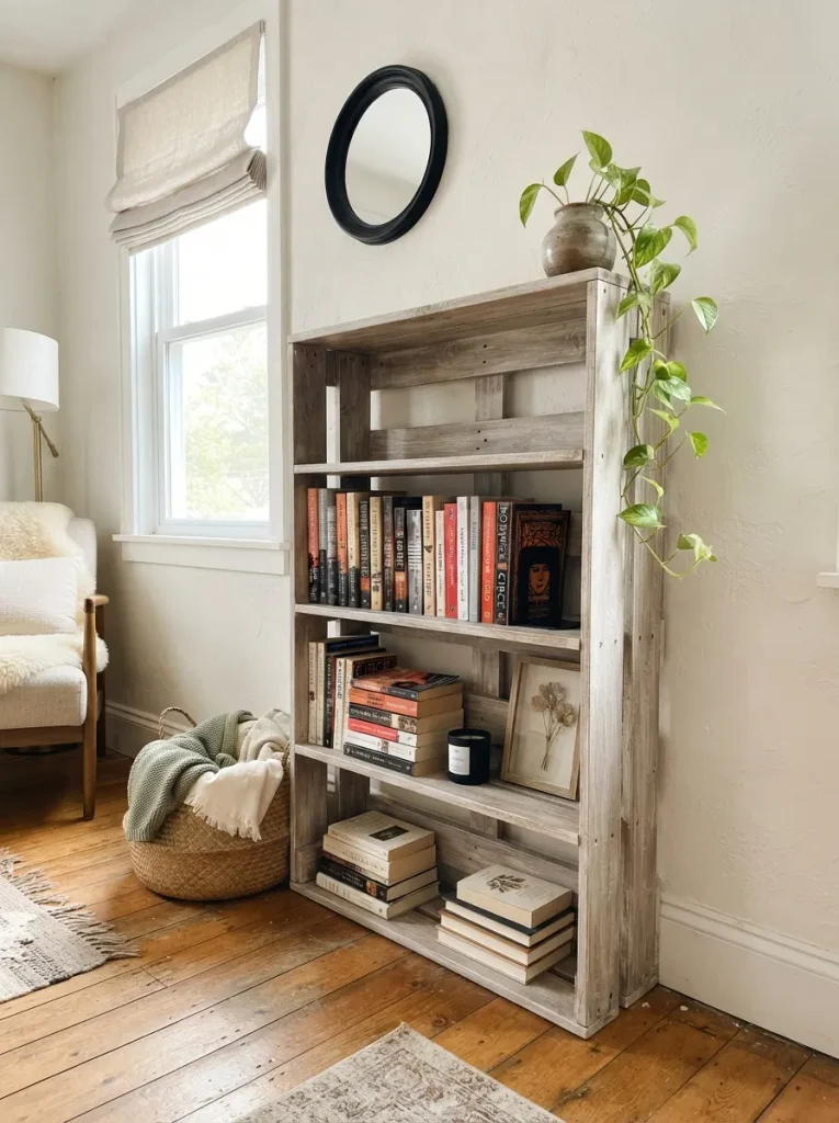 A Whitewashed Pallet Bookcase for a Small Room