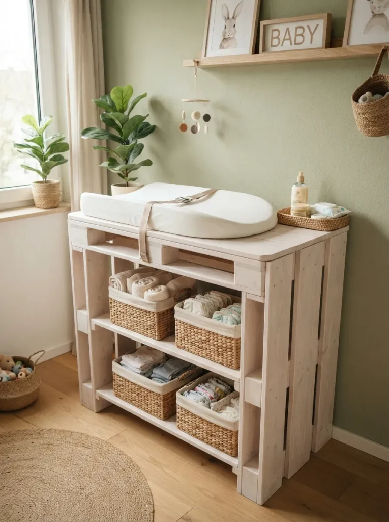 A Single-Pallet Changing Table With Two Open Shelves