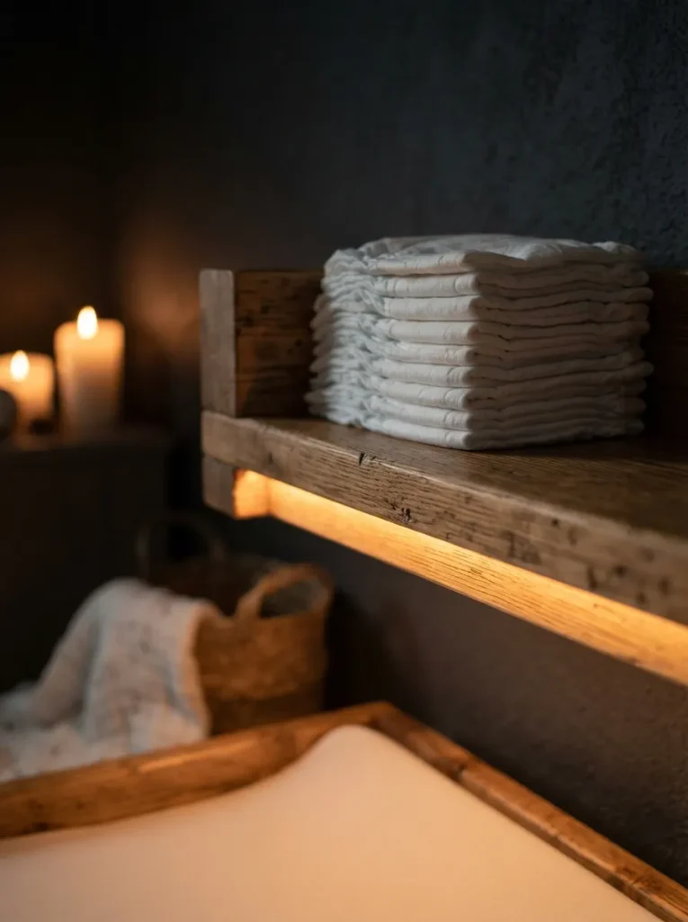 Warm LED Strip Lighting Under the Changing Shelf