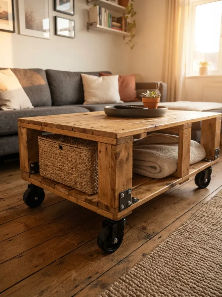 A Pallet Coffee Table With a Lower Shelf on Locking Casters