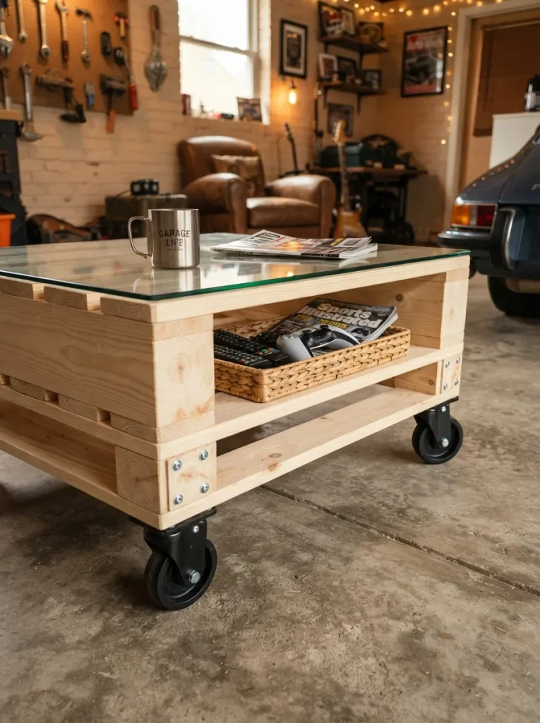 A Two-Pallet Coffee Table on Locking Casters