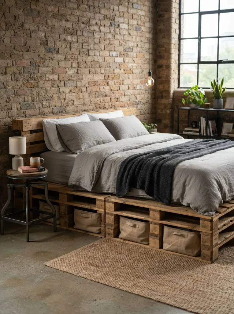 A King-Size Pallet Platform Bed With Storage Underneath