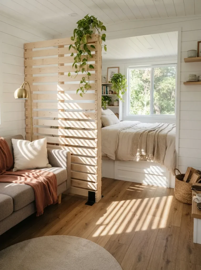 Divide Sleeping and Living With an Open-Slat Screen