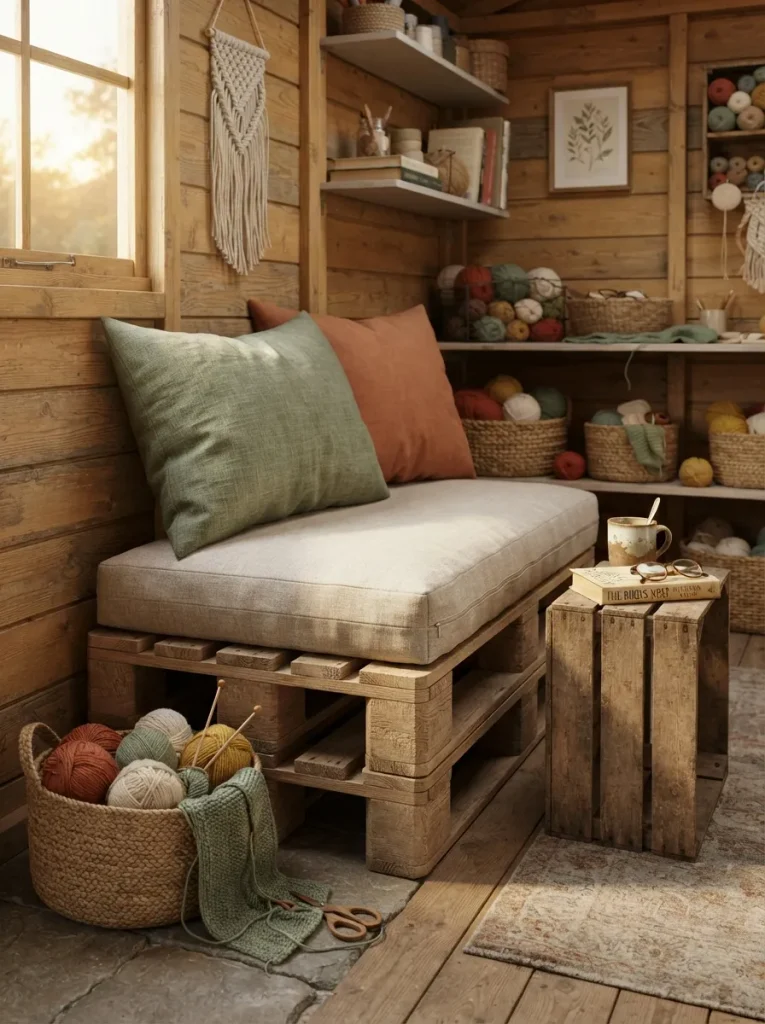 A Stacked-Pallet Reading Seat for Hand-Work Breaks
