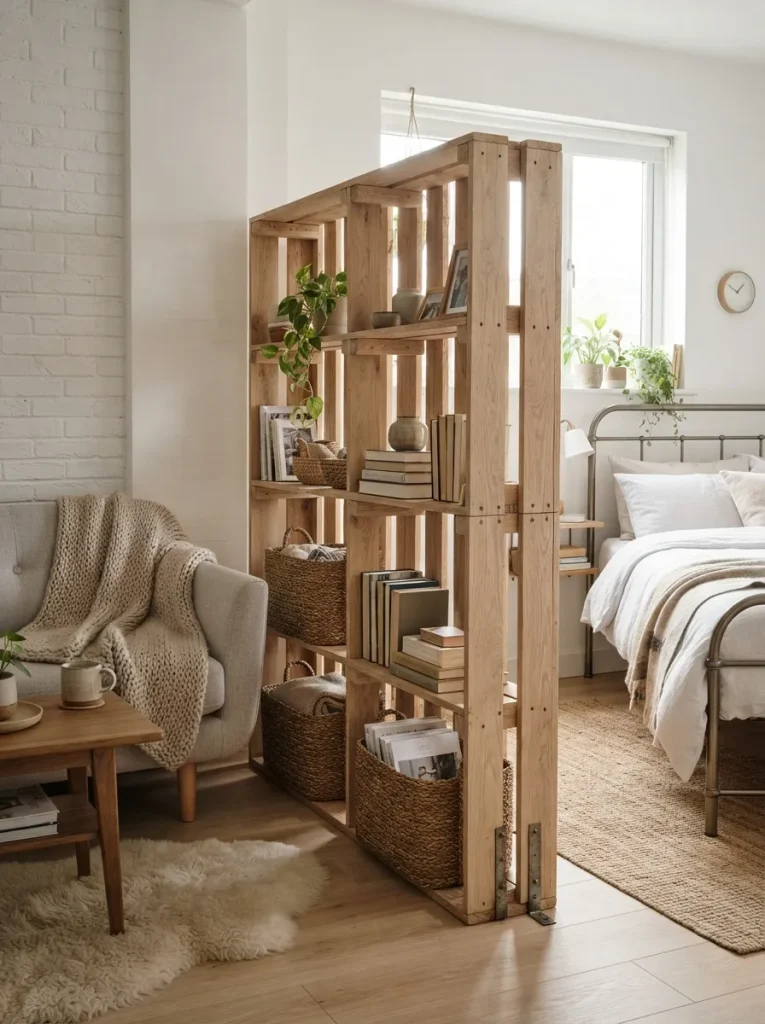A Freestanding Pallet Shelf That Splits a Studio Into Zones