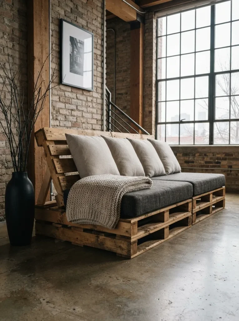 A Pallet Sofa With a Tilted Back and Deep Cushions