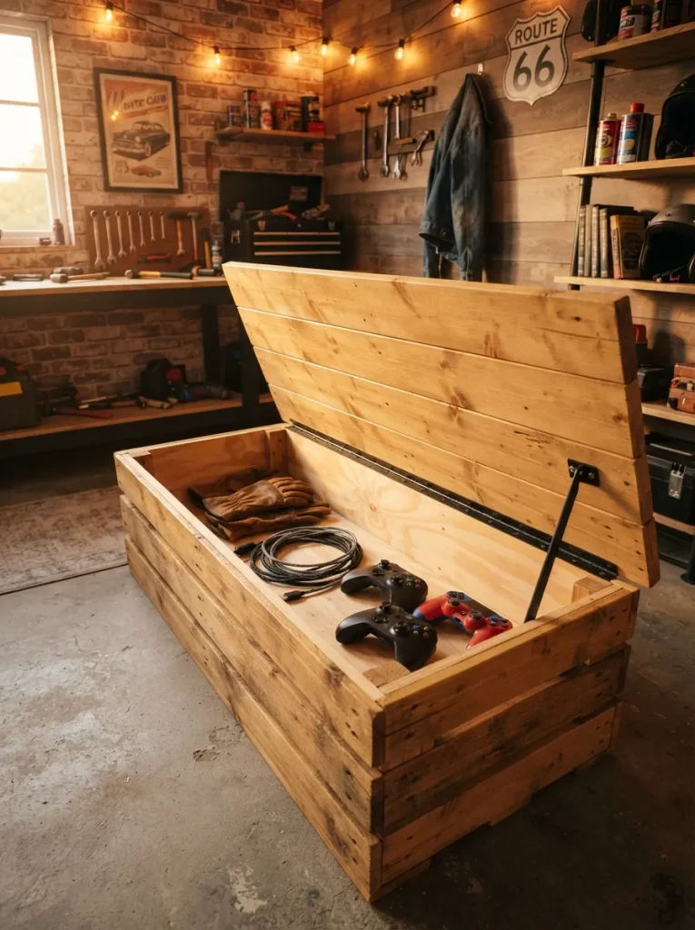 A Lidded Pallet Bench That Swallows the Clutter