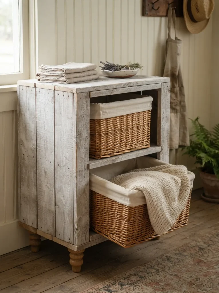 Woven Baskets Instead of Drawers in a Pallet Dresser