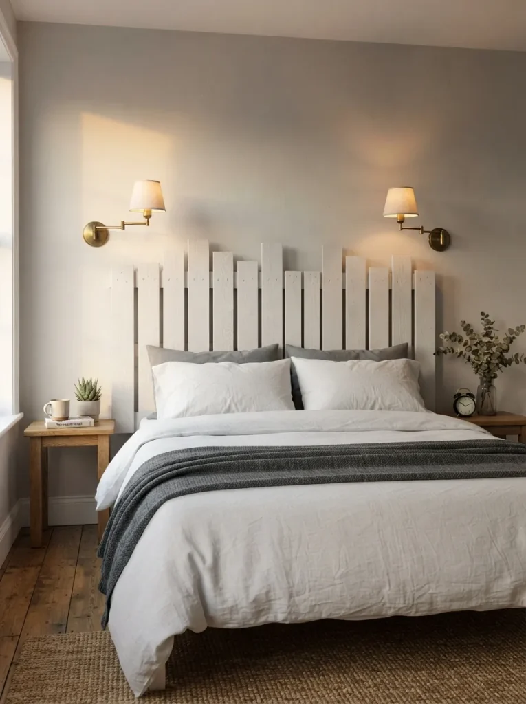 Wall-Mounted Headboard with Staggered Slats