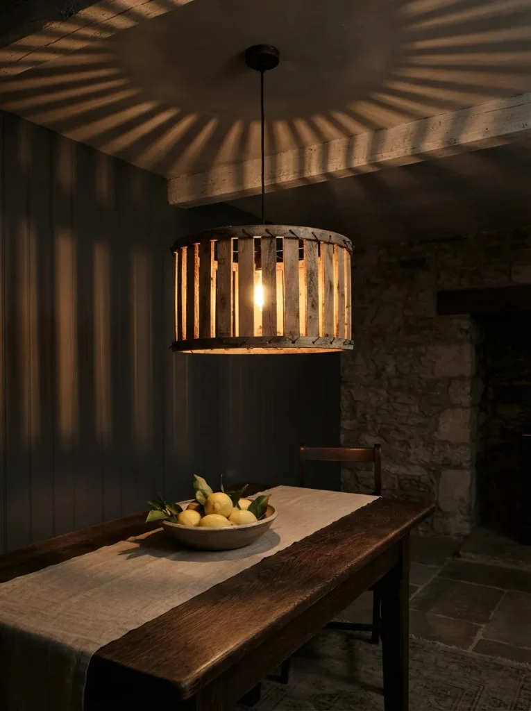 A Slat Pendant Shade Hung Low over the Table