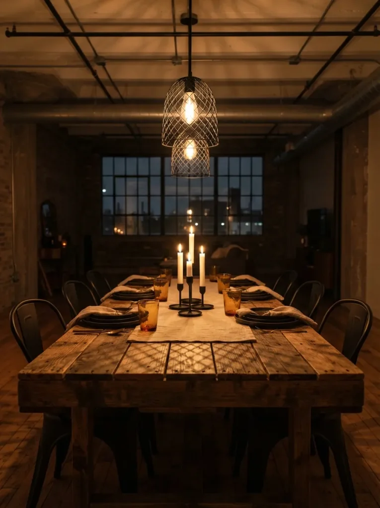 Cage Pendants Hung Low Over the Table