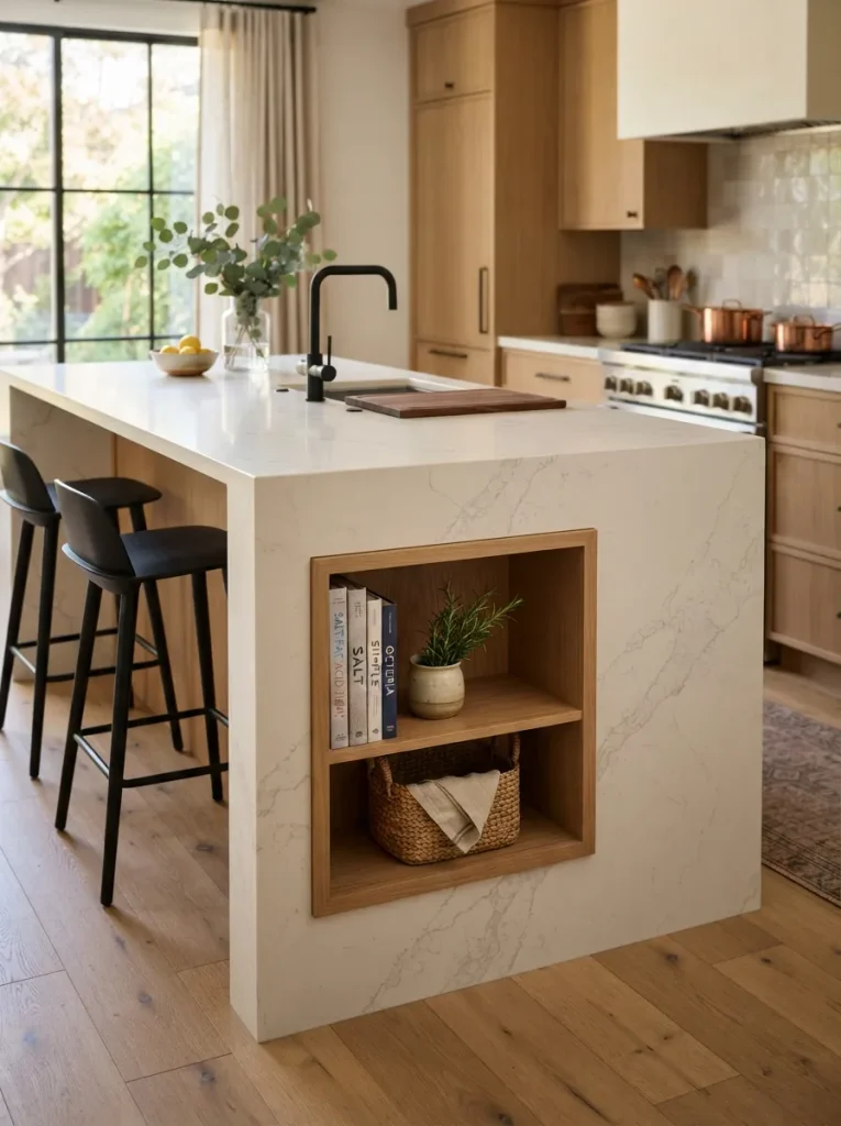 A Wood Shelf Insert Breaking Up the Waterfall Panel