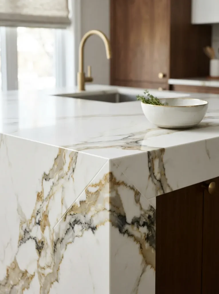 Bold Bookmatched Veining at a True Mitered Corner