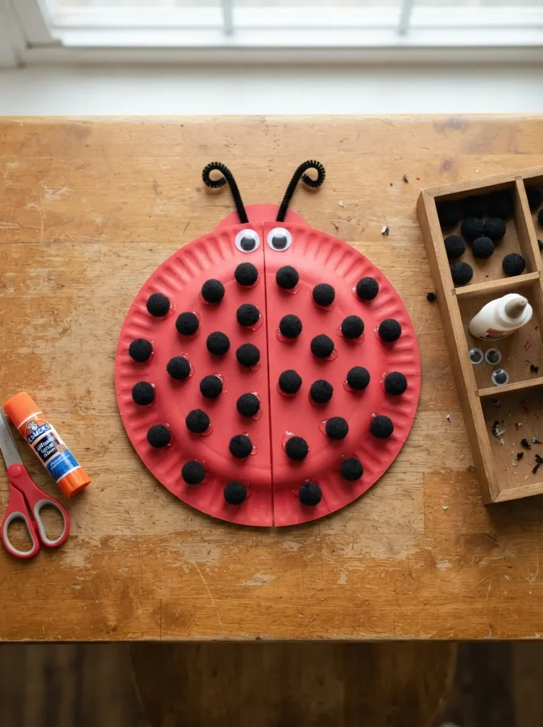 Paper Plate Ladybugs With Movable Pom-Pom Spots