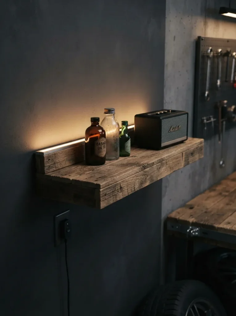 A Floating Pallet Shelf With a Warm LED Halo