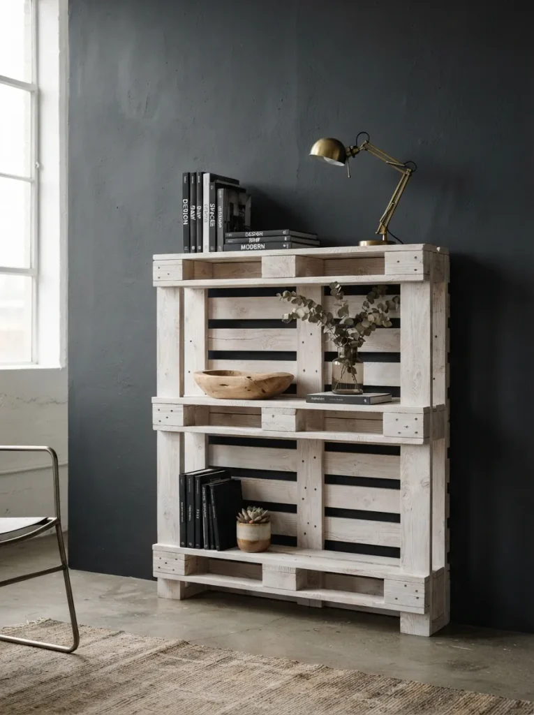Whitewashed Pallet Shelving to Lift a Dark Corner