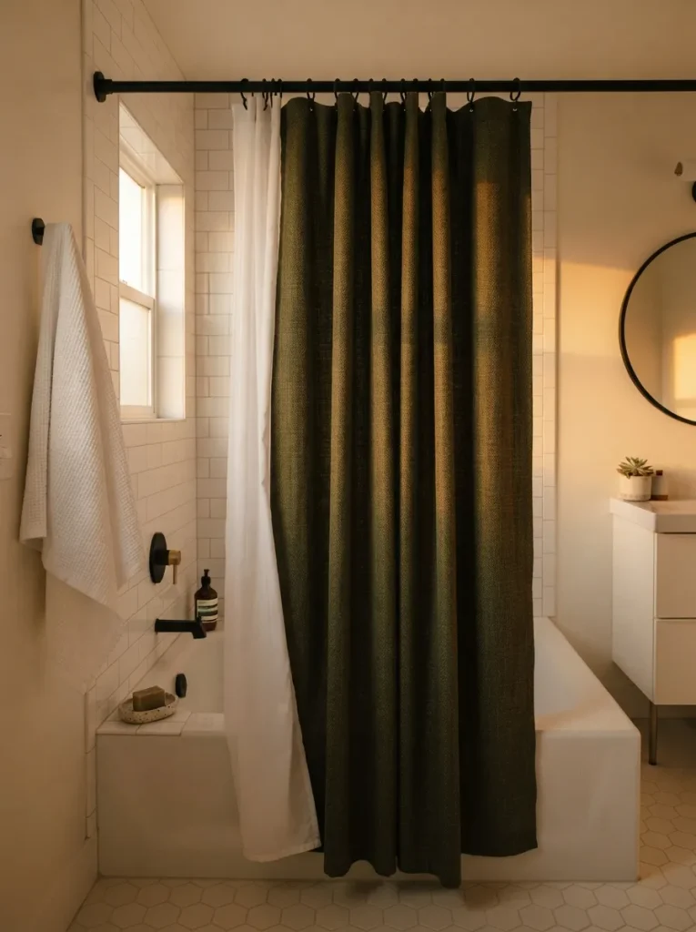 A Deep Olive Shower Curtain as the One Dark Statement