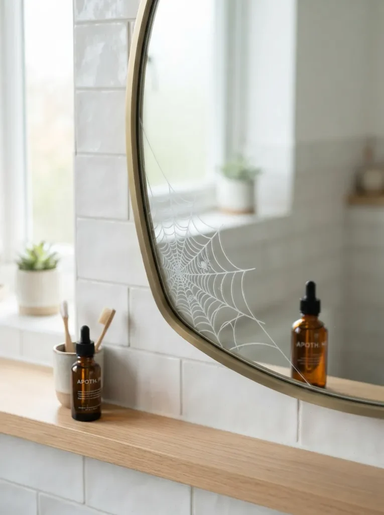 A Frosted Spiderweb Decal in the Corner of the Mirror