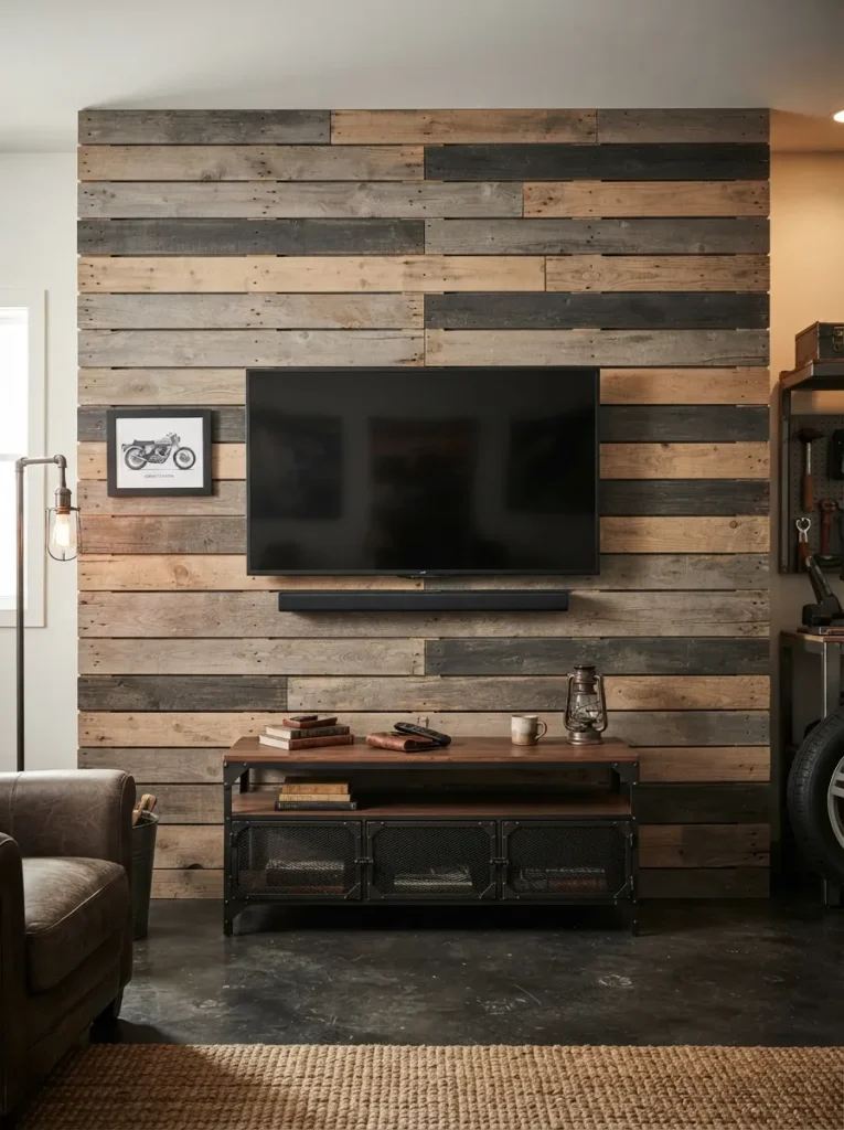 Pallet Boards Ripped Into a Slat Wall Behind the TV