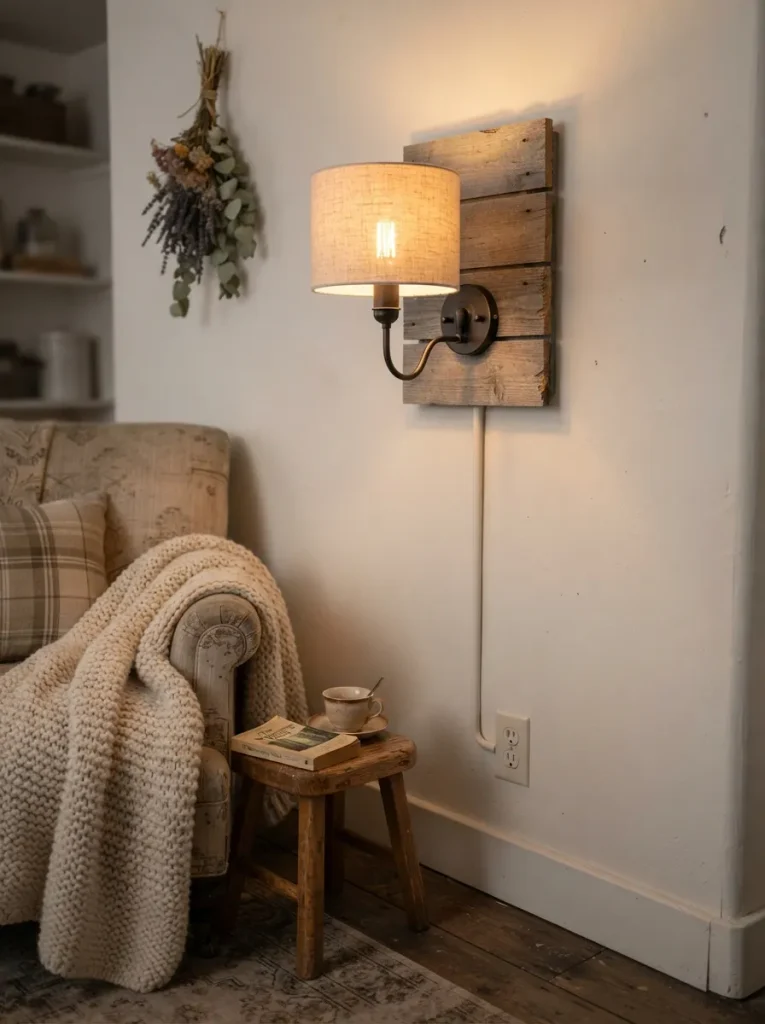 A Plug-In Sconce on a Small Pallet-Plank Backboard