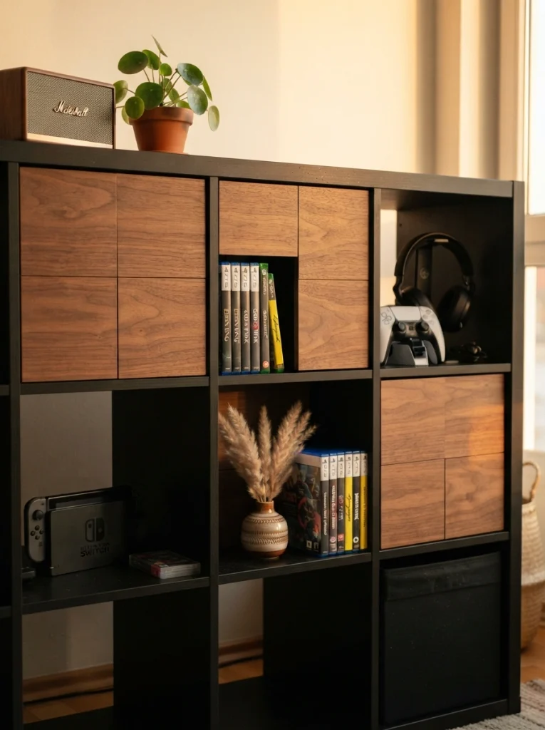 Warm Up the Tech With Walnut-Stained Insert Panels